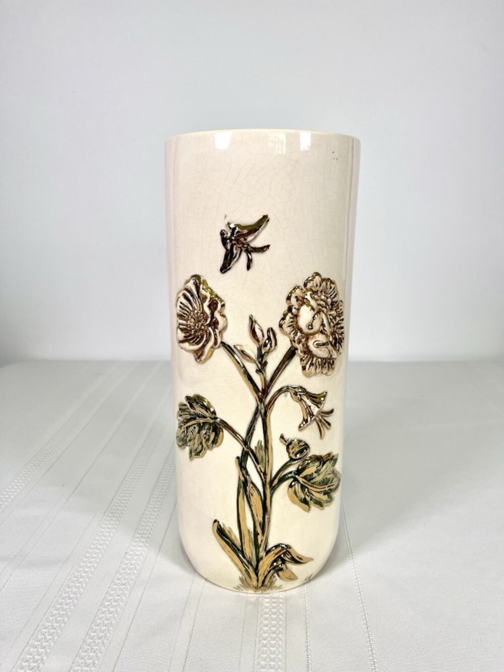 Vintage 50s Art Pottery Vase MCM Handpainted Flowers Ceramic Boho Mid Century